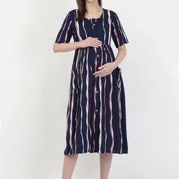 MYLO ESSENTIALS Navy Blue & White Maternity & Nursing A-Line Maxi Dress-picture-40