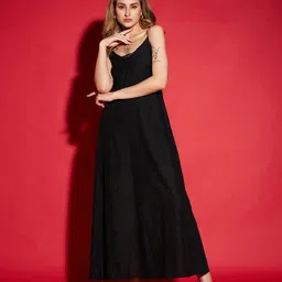 SASSAFRAS Black Shoulder Straps Schiffli Pure Cotton A-Line Dress-image-34