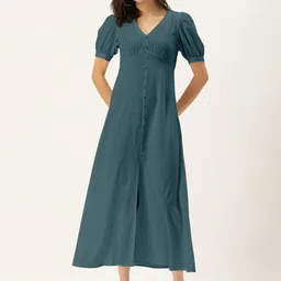 DressBerry Women Teal Solid Midi A-Line Dress-image-24