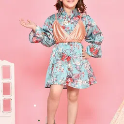 LilPicks Girls Blue & White Floral Printed Shirt Dress with Shimmer Crop Top-image-3