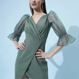 Athena V-Neck Puff Sleeves Wrap Dress-picture-17