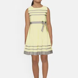 Peppermint Girls Yellow & Grey Striped Fit And Flare Dress-image-80