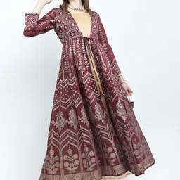 Vishudh Maroon & Gold-Toned Ethnic Motifs Round Neck Maxi Dress With Chanderi Jacket-picture-42