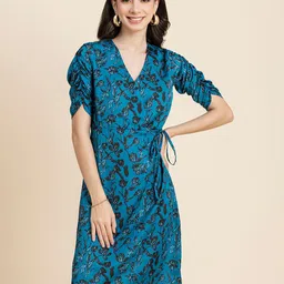 Moomaya Floral Printed V-Neck Short Ruched Sleeves Tie-Up Wrap Dress-picture-32
