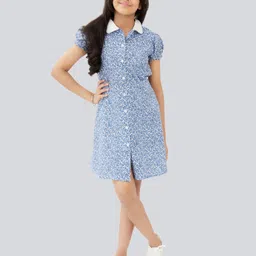 Olele Floral Printed Shirt Collar Puff Sleeves Cotton Shirt Dress-picture-12