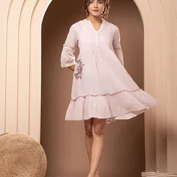 Nyaro Striped Embroidered Cuffed Sleeves Cotton A-Line Dress-picture-13