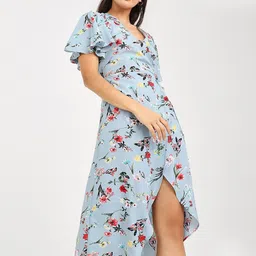 Styli Blue & Pink Flared Short Sleeves V Neck Floral Print Wrap Midi Dress-picture-41