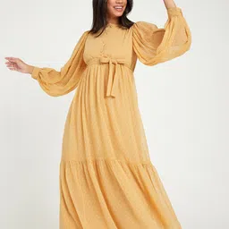 Styli Mustard Yellow Long Sleeves Dobby Spot Print Tiered Maxi Dress-picture-33