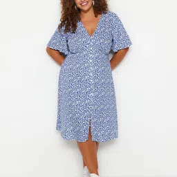 Trendyol Plus Size Floral Printed V-Neck Flared Sleeves Fit & Flare Midi Dress image 1