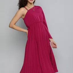 Kvsfab Women Magenta One Shoulder Crepe A-Line Midi Dress-image-42