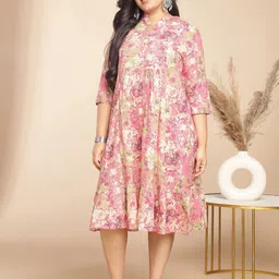 Janasya Floral Printed Plus Size Mandarin Collar Cotton Empire Dress image 1