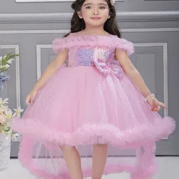 Ministitch Girls sequence Off Shoulder Flutter Sleeve Net Knee Length Empire Dress image 1