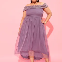 CURVY STREET Lavender Plus Size Off-Shoulder Net Dress-picture-22