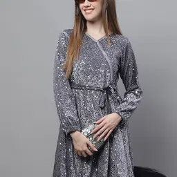 JAINISH Embellished Sequined Fit & Flare Dress-picture-34