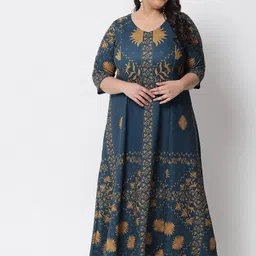 Amydus Plus Size Teal Blue & Mustard Yellow Ethnic Motifs Ethnic A-Line Dress-picture-27