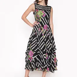 250 DESIGNS Black & Off White Striped Georgette A-Line Midi Dress-image-85