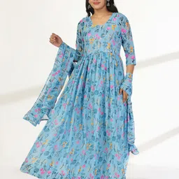 FASHION DREAM Floral Print Georgette  Fit and Flared Maxi Ethnic Dress With Dupatta-picture-34