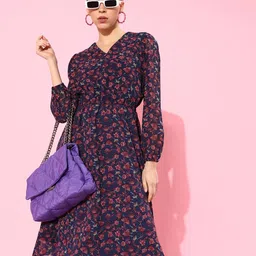 DressBerry Women Deep Navy Blue Floral Volume Play Dress-image-51