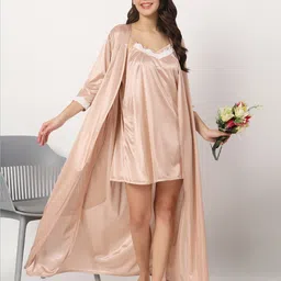 Klamotten Shoulder Straps Above Knee Length Satin Nightdress With Robe-picture-29