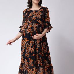 COLOR STUDIO Navy Blue & Red Floral Print Flared Sleeve Fit & Flare Maxi Dress-picture-24