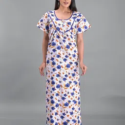 Apratim White Printed Maxi Pure Cotton Nightdress-image-37