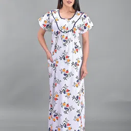 Apratim White Printed Maxi Pure Cotton Nightdress-image-38