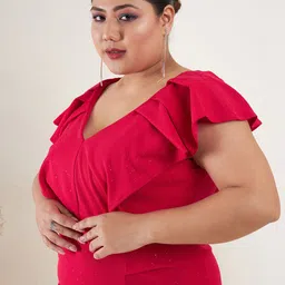 SASSAFRAS Curve Plus Size V-Neck Ruffled Slit Sheath Dress image 3