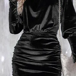 StyleCast Black Cuffed Sleeves Ruched Detail Velvet Bodycon Mini Dress image 2