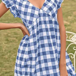 StyleCast x Revolte Blue Checked Flutter Sleeve Empire Dress image 5
