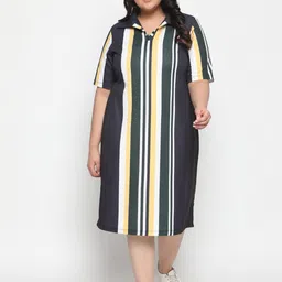 Amydus Women Plus Size Navy Blue Striped Midi A-Line Dress image 5