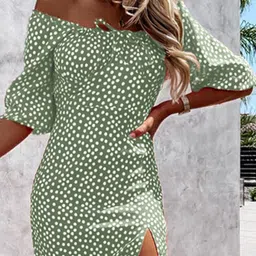 LULU & SKY Polka Dot Printed Off-Shoulder Puff Sleeves Midi Sheath Dress image 3