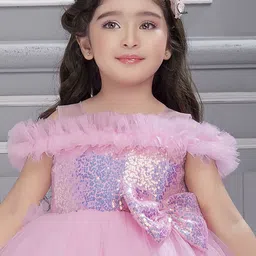 Ministitch Girls sequence Off Shoulder Flutter Sleeve Net Knee Length Empire Dress image 2