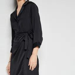 AND Lapel Collar Cuffed Sleeves Tie-Up Detailed A-Line Dress image 3