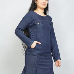 VYN Round Neck Cotton Denim A-Line Dress image 5