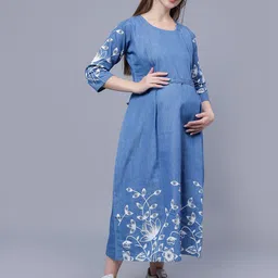 NIGHTSPREE Floral Printed Denim Maternity Fit & Flare Midi Dress image 5