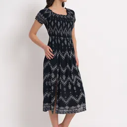 VELDRESS Ethnic Motifs Printed Smoked A-Line Midi Dress image 4