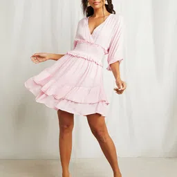 Styli Pink Shirred Waist V Neck A-Line Mini Dress image 2