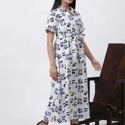 W Floral Printed Shirt Collar Short Sleeves Maxi Shirt Dress image 3