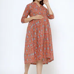 CRAFIQA Floral Printed Maternity & Nursing Cotton A-Line Midi Dress image 2