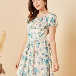 Marie Claire Cream-Coloured & Blue Floral Printed Smocked Fit & Flare Dress image 4