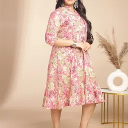 Janasya Floral Printed Plus Size Mandarin Collar Cotton Empire Dress image 3