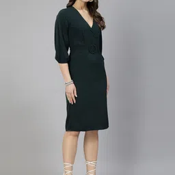 aayu V-Neck Cuffed Sleeves Crepe Sheath Dress image 4
