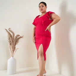 SASSAFRAS Curve Plus Size V-Neck Ruffled Slit Sheath Dress image 2