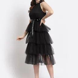 BLANC9 High Neck Sleeveless Tie Up Layered Fit & Flare Midi Dress image 4