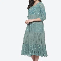 Biba Women Teal & Cream-Coloured Ethnic Motifs Ethnic A-Line Dress image 2