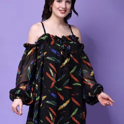 Bitterlime Tropical Print Puff Sleeves Georgette A-Line Dress image 2