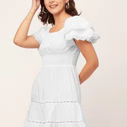 Moomaya Square Neck Flared Sleeves Smocked Tiered Cotton Fit & Flare Dress image 4