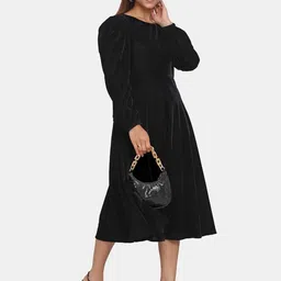 PowerSutra Boat Neck Puff Sleeved Flared Midi Dress image 4