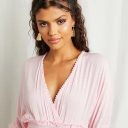 Styli Pink Shirred Waist V Neck A-Line Mini Dress image 3