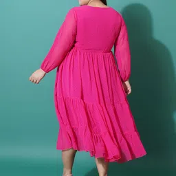 U&F Beyond Plus Size Self Design V-Neck Puff Sleeve Georgette Tiered Fit & Flare Dress image 2
